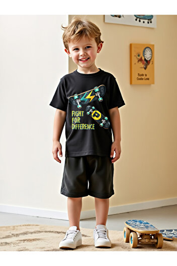 Take Two By Styli Kids 2pcs Black Printed T-Shirt and Shorts Sets