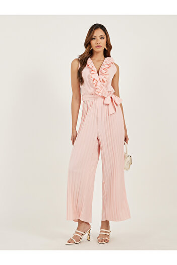 Styli Solid Wrap Look Pleated Wide Leg Jumpsuit