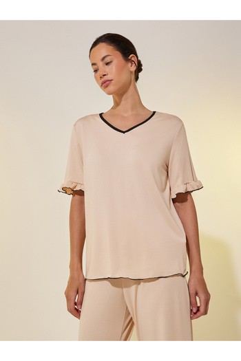 Styli Solid V Neck Ruffled Top and Joggers Set
