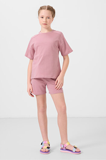 TOMMY LIFE Dusty Rose Cotton Soft Textured Standard Fit Basic Girl's Shorts Set - 75184