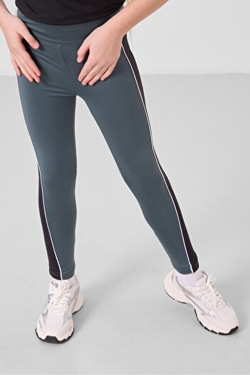 TOMMY LIFE Black-Forest Green O Neck Side Stripe Detailed Standard Fit Performance Girl's Tights Suit - 75191