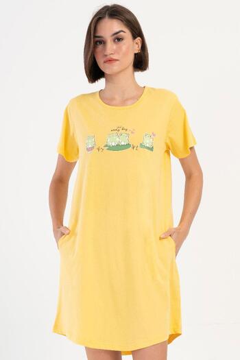 VİENETTA Women's Short Sleeve Yellow Nightgown 100% Cotton C5T7N0O704