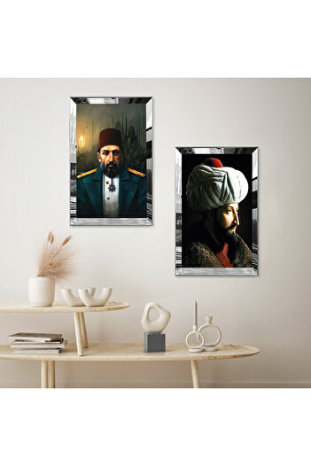 Zevahir Mobilya Dekorasyon GÜMÜŞ AYNALI PLEKSİ ÇERÇEVELİ FATİH SULTAN MEHMET VE PADİŞAH ABDÜLHAMİD İKİLİ MDF TABLO SETİ