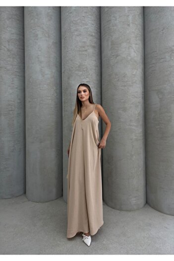 IŞILDA FASHION Γυναικείο φαρδύ φόρεμα με μακριά τιράντες