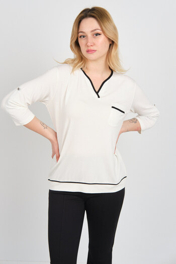 Sistas Women's Three Quarter Sleeve V Neck Single Pocket Blouse 4028 Ecru