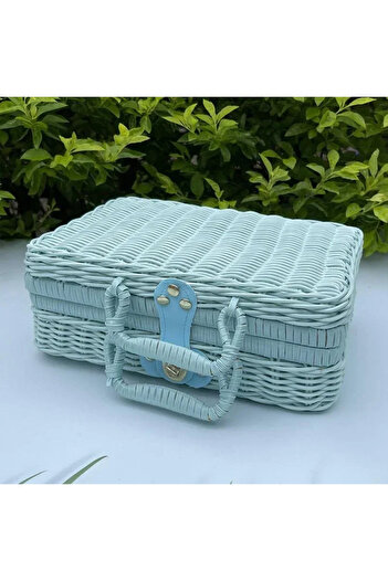 Choice Blue Rattan-like Finishing Box Woven Rattan Basket Retro Storage Box Decorative Props Suitcase with