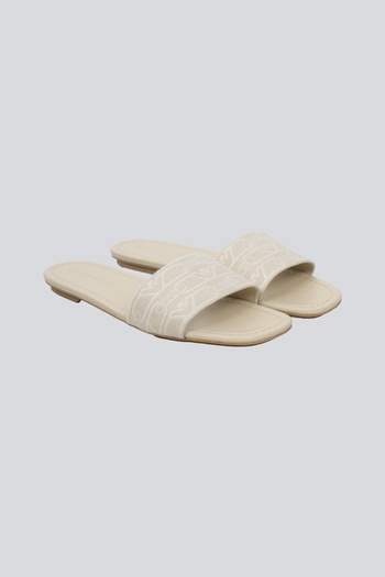 Emporio Armani Women's All Surface Monogram Leather Sole Thin Heel Beige Slippers X3P847 Xr381-E617