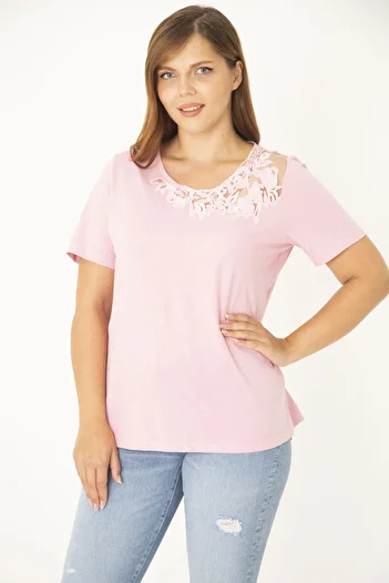 Şans Women's Large Size Pink Cotton Fabric Lace Detailed Blouse 65N36937