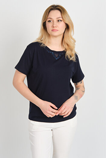 Sistas Women's Short Sleeve Blouse with Shiny Stone Decoration on the Collar 24281 Navy Blue