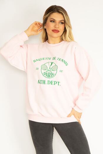 Şans Women's Large Size Pink 3 Thread Fleece Embroidered Sweatshirt 65n35073