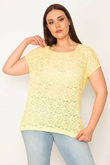 Şans Women's Plus Size Yellow Low Sleeve Lace Blouse 65n28464