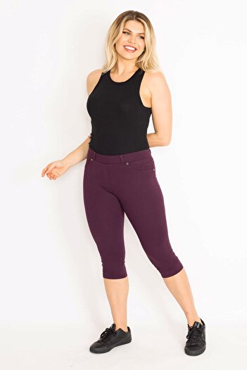 Şans Women's Large Size Plum Leggings with Front Decoration and Back Pockets 65n35202