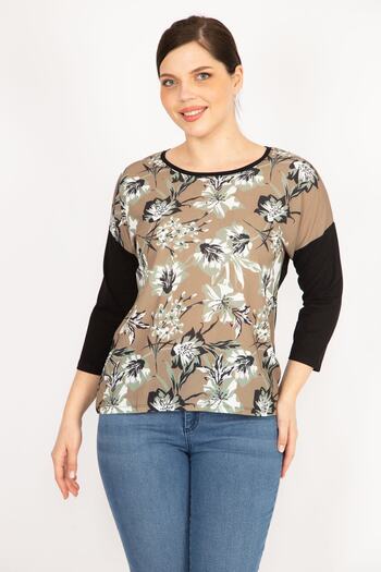 Şans Women's Khaki Plus Size Front Patterned Long Sleeve Blouse 65n36057