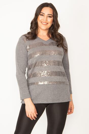 Şans Women's Large Size Gray Sequin Detailed V-Neck Blouse 65n30407
