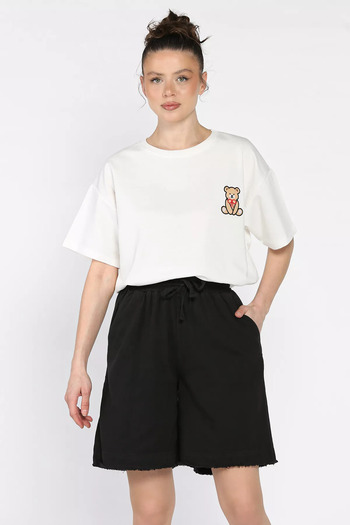 GÜLSELİ Black Women's High Waist Leg Tasseled Gabardine Shorts