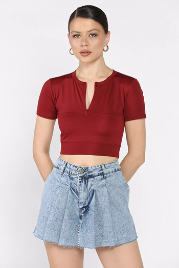 GÜLSELİ Burgundy Women's Front Zippered Modal Fabric Crop Top Blouse