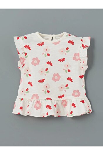 LC Waikiki Lcw Baby Ecru Crew Neck Floral Baby Girl Blouse and Leggings 2Pcs