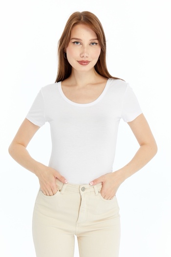 LAENT Women's White Pool Neck Short Sleeve Blouse