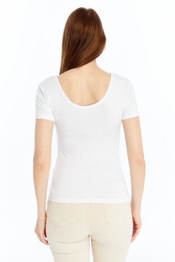 LAENT Women's White Pool Neck Short Sleeve Blouse