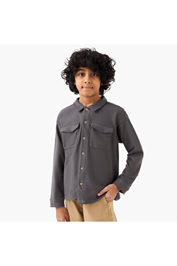 ELIGO Solid Collared Shirt with Long Sleeves and Pockets