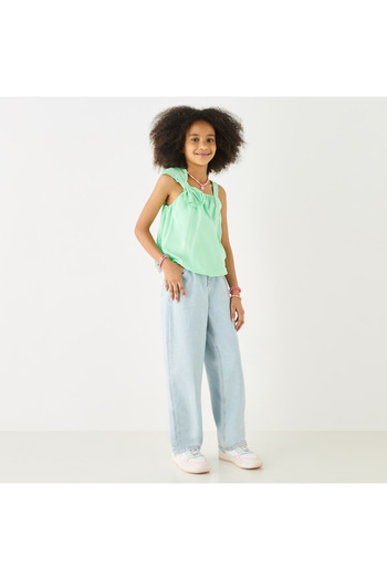 Juniors Solid Sleeveless Top With Bow Applique And Square Neck