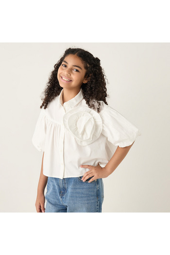 Juniors Floral Accent Collared Top With Balloon Sleeves