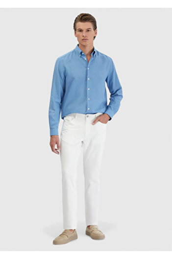 Ramsey Blue Plain Casual Fit Woven Casual Cotton Blend Shirt