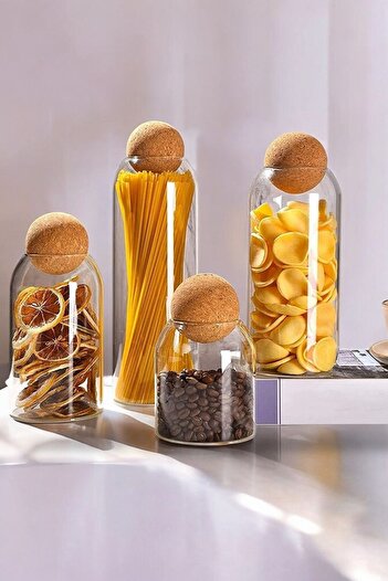 Reoona 4-Piece Glass Jar and Spice Container Set with Cork Lids, Flat (500-700-1000-1250 ml)
