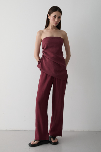 Laluvia Burgundy Strapless Side Gathered Blouse Pants Set