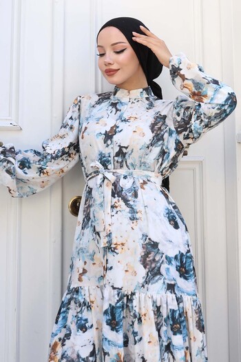 benguen Patterned Hijab Dress Cream 553