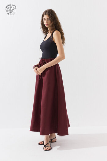 Hooopstore Lyocell Linen Elastic Waist Burgundy Skirt