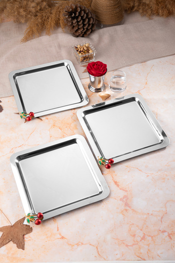NEWTREND Züccaciye 3-Piece Luxury Cherry Silver Square Accessories Stainless Steel Coffee, Tea, Decorative Presentation Serving Tray