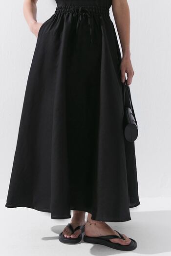 Hooopstore Lyocell Linen Black Skirt with Elastic Waist