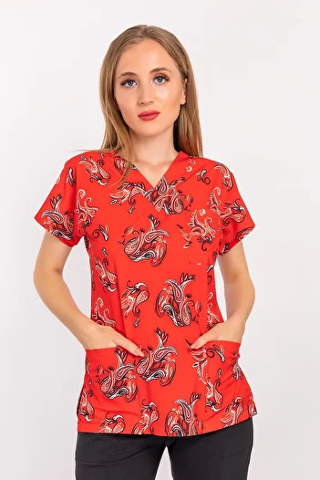 Nur Medikal Giyim Uniformă unisex roșie cu model autentic din lycra pentru medic, asistentă, spital, chirurgie