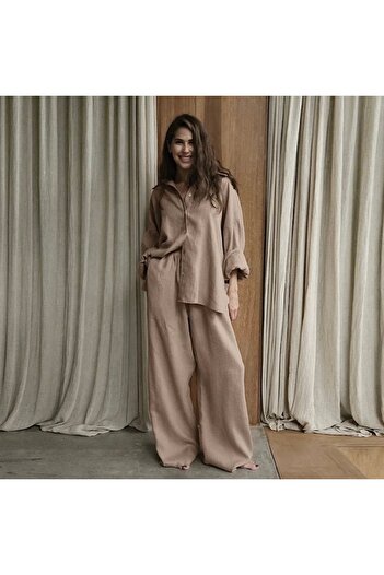 King Brothers Women's Shirt Suit Beige Color Boyfriend Linen Blended Bottom Top Suit with Pocket New Season