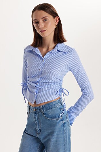 Tudors Women's Slim Fit Relaxed Cut Long Sleeve Tie Detailed Striped Blue Shirt