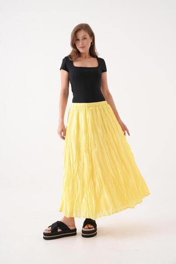 minaaise Women's Yellow Voile Fabric Crinkle Long Lined Skirt 29062