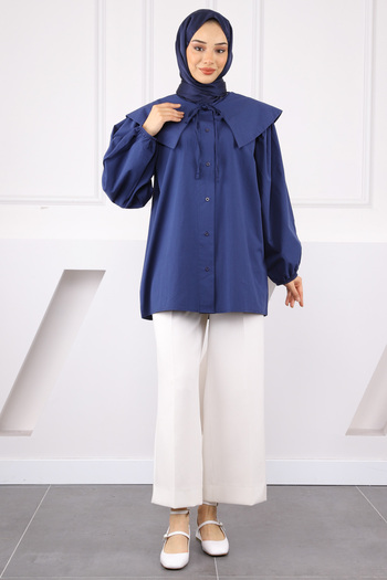 İmajButik Navy Blue Baby Collar Balloon Sleeve Shirt
