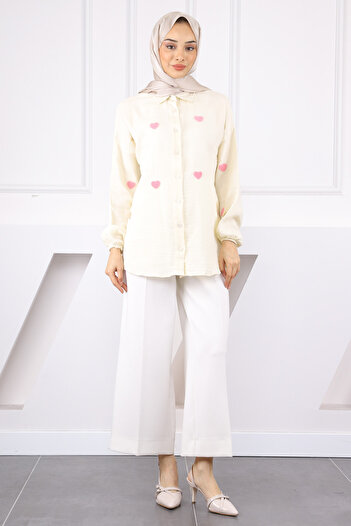 İmajButik Cream Heart Embroidered Linen Shirt