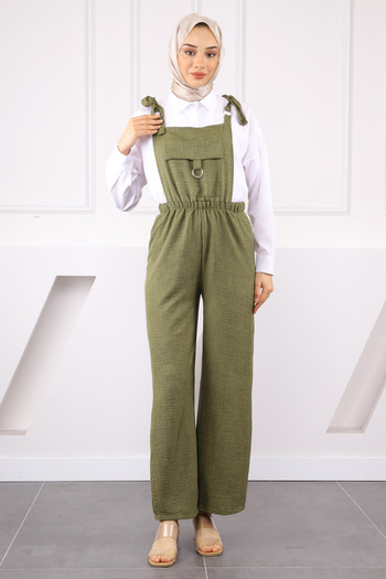 İmajButik Khaki Linen Jumpsuit with Pocket Detail