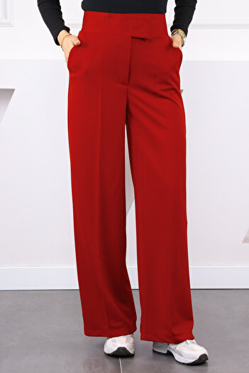 İmajButik Burgundy High Waist Palozzo Trousers with Velcro Waist