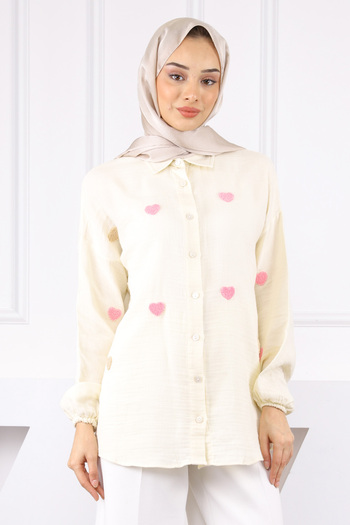 İmajButik Cream Heart Embroidered Linen Shirt