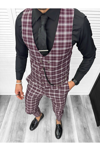 dehaine Men's suit, pants plus vest, burgundy, B4008