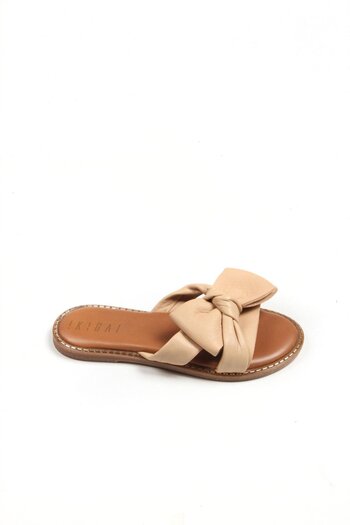 Deriderim Beige Genuine Leather Sole Brown Soft Genuine Leather Women's Summer Slippers