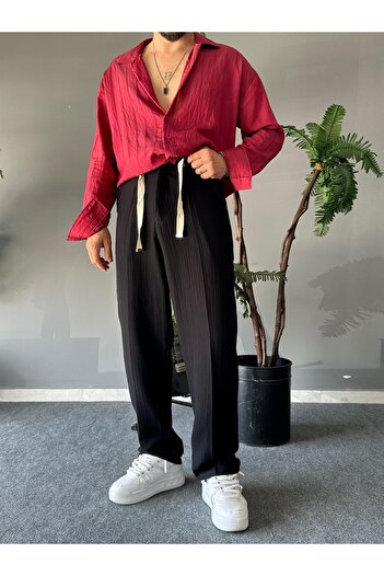 THEMANN Muslin Fabric Baggy Fit Black Trousers