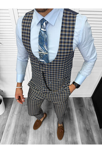 dehaine Men's suit, pants plus vest, navy blue, B4177