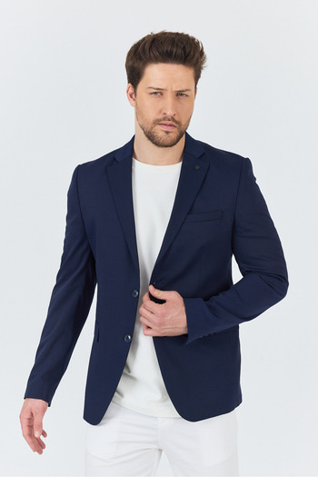Frappoli Manzoni Men's Navy Blue Polyester Fabric Mono Collar Slim Fit Blazer Jacket