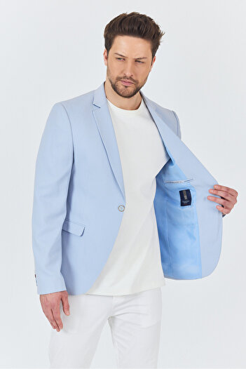 Frappoli Manzoni Erkek Buz Mavi Polyester Kumaşlı Mono Yaka Slim Fit Blazer Ceket