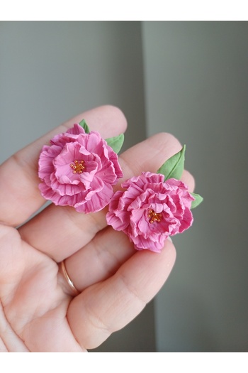 CREATİVESHOP Peony Flower Earrings, Pink Flower Earrings, Leafy Earrings