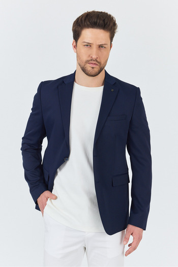 Frappoli Manzoni Men's Navy Blue Polyester Fabric Mono Collar Slim Fit Blazer Jacket